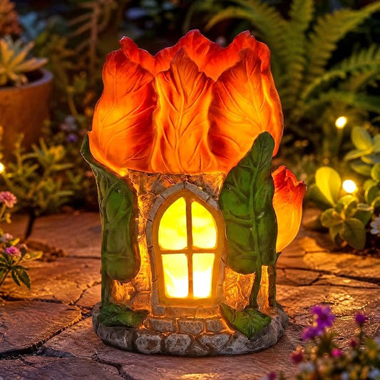 Fairy Garden House with Solar Light,Outdoor Figurine Lights Garden Statues,Yard Decorations Outdoor Fairy Garden Accessories,Decor Gifts for Mom Women (Tulip)