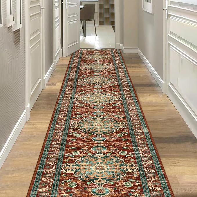 U'Artlines 2' x 14' Boho Hallway Runner Rug, Washable Carpet, Rust＆Teal | Non Slip, Vintage Farmhouse Accent Area Rug Carpet, for Kitchen Entryway Laundry and Living Room