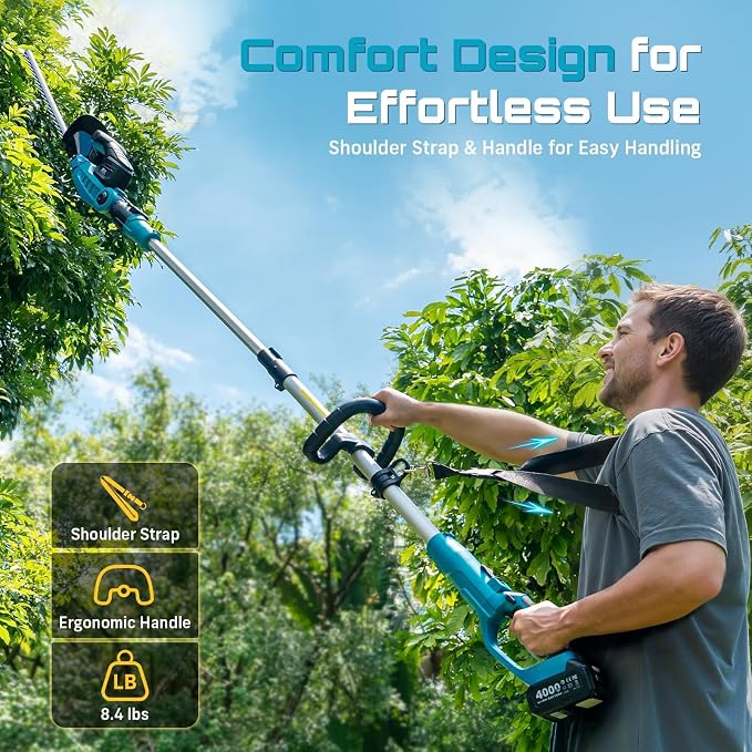 SEESII Pole & Cordless Hedge Trimmer 2-in-1: Electric Bush Trimmer with 20" Dual-Action Blade - 2 x 4000mAh Batteries, Telescopic Pole, Adjustable Rotating Head, Handheld Hedge Cutter for Tree Shrubs