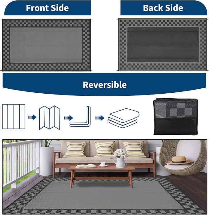 9x12 Outdoor Rug Waterproof Foldable Plastic Straw Carpet for Patio Porch Modern Geometric Border Reversible Mat Lightweight Floor Mat for Picnic, Rv, Beach, Deck, Camper, Balcony，Black/Grey