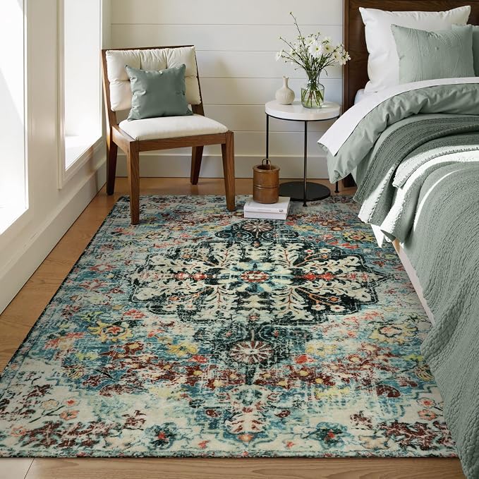 Lahome Reine Bohemian Floral Medallion Area Rug - 4x6 Teal Soft Bedroom Rug Washable Entryway Mat, Non Slip Pet Friendly Indoor Floor Accent Carpet for Bathroom Mudroom Basement Studio