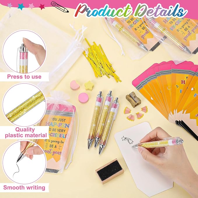 Marspark 30 Sets Back to School Student Gifts Bulk First Day of School Gifts Ballpoint Pens and Pencil Shaped Greeting Cards Set with Bag Twist Ties for Teacher Classroom Prizes Rewards Party Favors