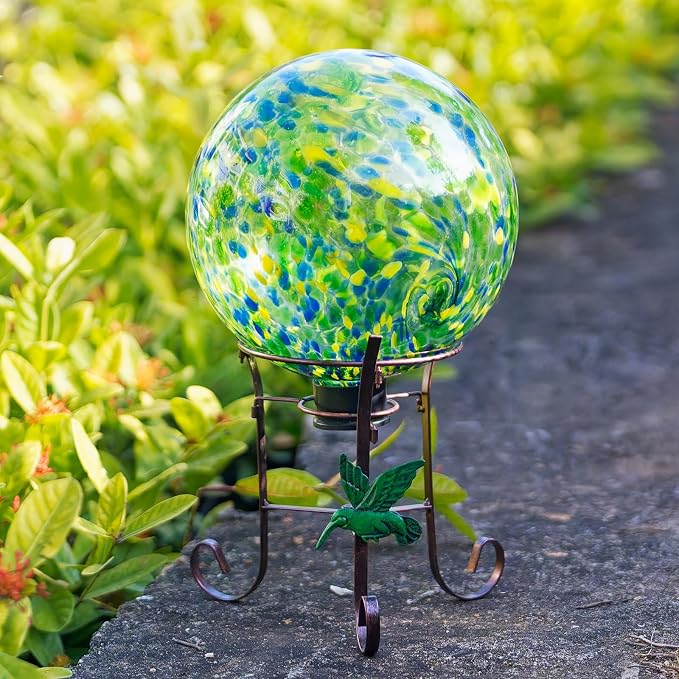 10 Inch Glass Gazing Ball with 9.4" H Metal Stand | Glass Gazing Globe Display Holder Set for Outdoor Garden Lawn Yard Decoration, Bright Summer Burst