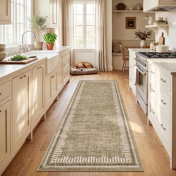 Garvee Washable Hallway Runner Rug 2x6 Non Slip Neutral Scalloped Runners | Taupe Low Pile Stain Resistant Kitchen Runner Mat Solid Color Modern Geometric Living Room Bedroom Nursery Entry Area Rugs