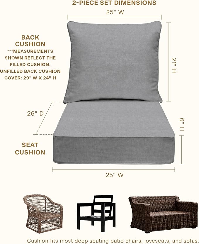 Honeycomb Outdoor Heritage Deep Seat, 25 x 26, Textured Solid Platinum Grey Chair Cushion with Removable Cover, for Patio Furniture