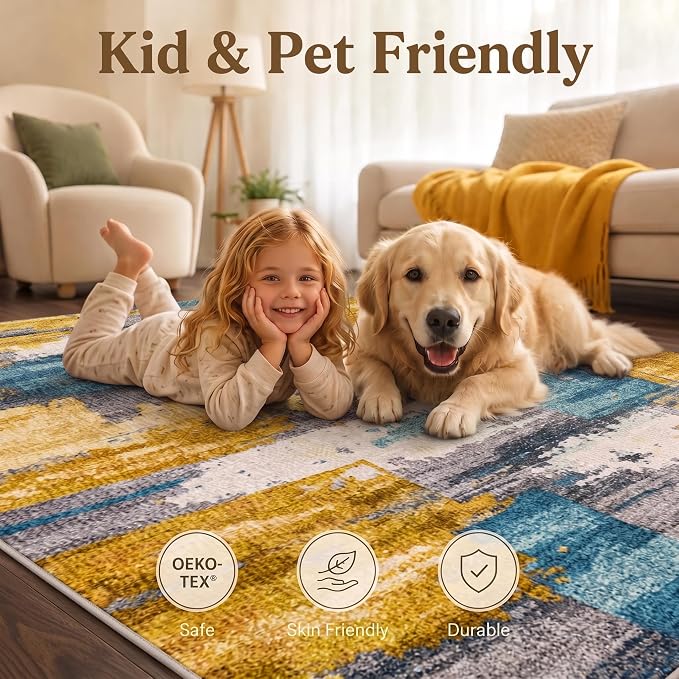 6x9 Blue and Gold Abstract Brushstroke Area Rug for Living Room | Soft Low-Pile Machine-Washable Rug with Non-Slip Backing for Bedrooms, Dining Rooms and Home Offices, Designed for Easy Care