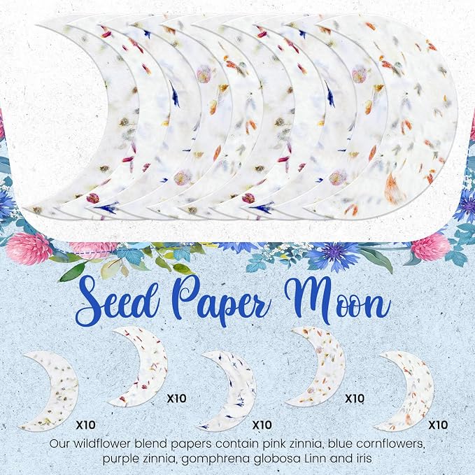 Dunzoom 50 Pcs Handmade Seed Paper Plantable Wildflower Seed Paper Recycled Flower Petals Tags Wedding Favors for Guests Craft Gifts Cards for Envelope Birthday Party, 5 Styles (Moon)
