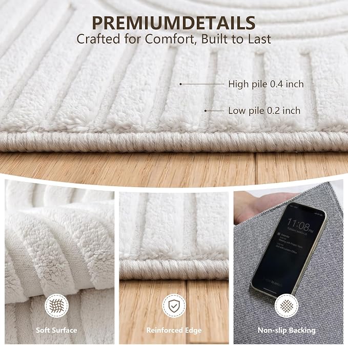 Washable 6x9 Area Rug, High Low Pile Cream Neutral Arch Textured Large Soft Carpet, Non-Slip Stain Resistant Rug for Living Room Bedroom Dining Room, Under Table Rug