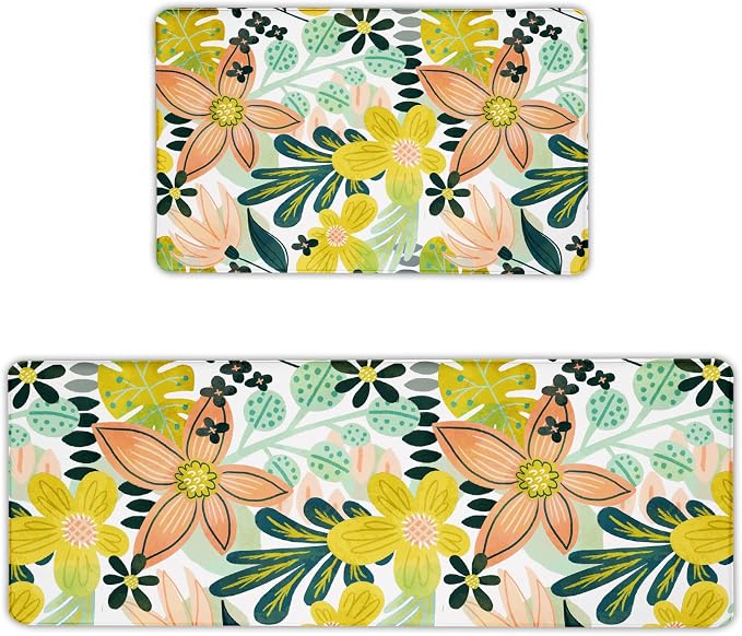 Tyrot Boho Floral Kitchen Mats Rugs Sets of 2 Cushioned Anti Fatigue Floor Mat Foam Comfort Kitchen Rugs Farmhouse Style Non Slip Waterproof Mid Century Botanical Standing Mat for Sink Laundry
