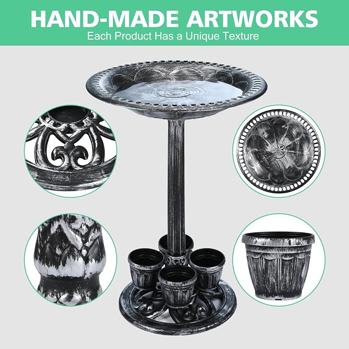 Bird Bath for Outside with 4 Removable Flower Planters 28in Polyresin Lightweight Vintage Birdbath for Outdoors Stake Standing Bowl and Water Feeder Yard Garden Decor Black