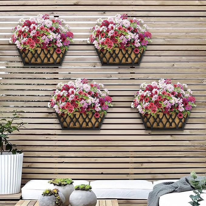 4 Pack 14 Inch Window Boxes Planters Railing Planter Box with Coco Liners Deck Railing Planter Boxes Balcony Hanging Flower Box for Outdoor Plants Garden Decor
