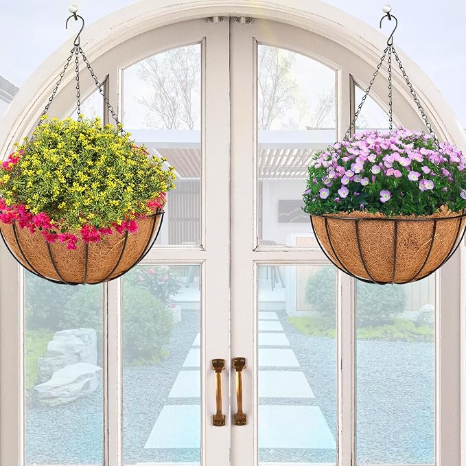 HKZ Hanging Basket Planter Plants Outdoor - 4 Pack 14 Inch Metal Hanging Planter with Coco Liners, Chain Hook Hanging Flower Pots for Indoor Outdoor Garden Porch Decoration