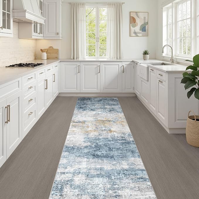 LOONGRUG Runner Rug 2x6 Machine Washable Non-Slip Kitchen Rug Blue Gold | Neutral Abstract Modern Soft Stain Resistant Indoor Accent Throw Carpet for Hallway Bathroom Laundry Room Bedroom Entryway