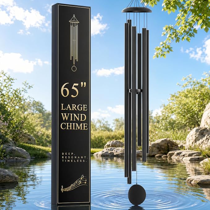 65" Extra Large Wind Chimes for Outside Deep Tone, 6 Extra-Thick Aluminum Tubes for Lasting Resonance, Big Outdoor Wind Chime for Garden Patio Decor, Relaxing Gift for Mom Dad Men Neighbors, Black