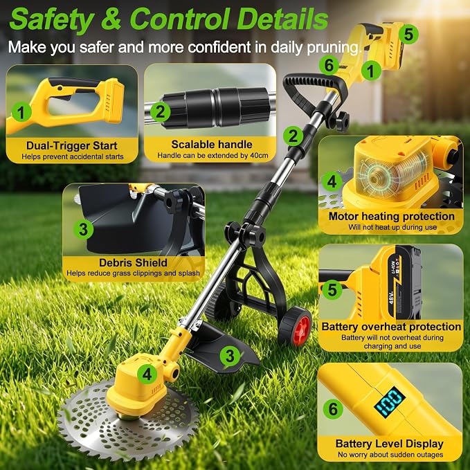 2026 New 30000 RPM Brushless Cordless Weed Wacker with Wheels, 12-Inch Battery Powered Electric Weed Eater, 4-in-1 Grass Trimmer, Brush Cutter, Stringless Weed Trimmer & Lawn Edger (1, Yellow)