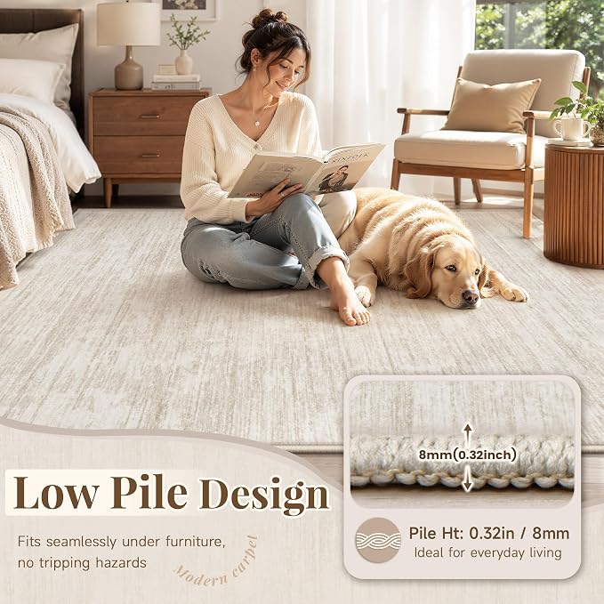 6x9 Area Rugs Living Room Rug: Washable Modern Abstract Rugs Neutral Non Slip Rug Soft Low Pile Indoor Bedroom Carpet for Nursery Office Dining Room Kids Room (Beige, 6'x9')