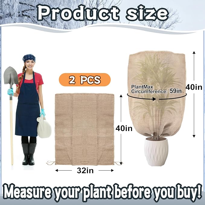 ANPHSIN Burlap Plant Covers Freeze Protection for Patio Winterizing - 2pcs 32"×40" Winter Frost Protector with Drawstring, Reusable Tree Freeze Blanket for Garden Bushes