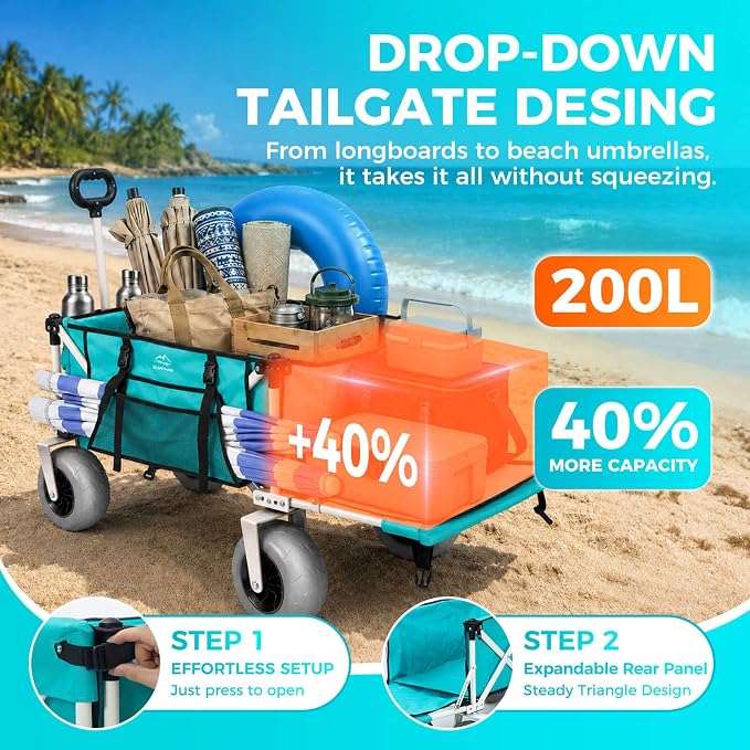 Heavy Duty Beach Wagon with 9" Big Sand-Proof Balloon Wheels, 200L Oversized Foldable Beach Cart, 440LBS Utility Wagon with Side Pocket for Sand,Camping,Vacation