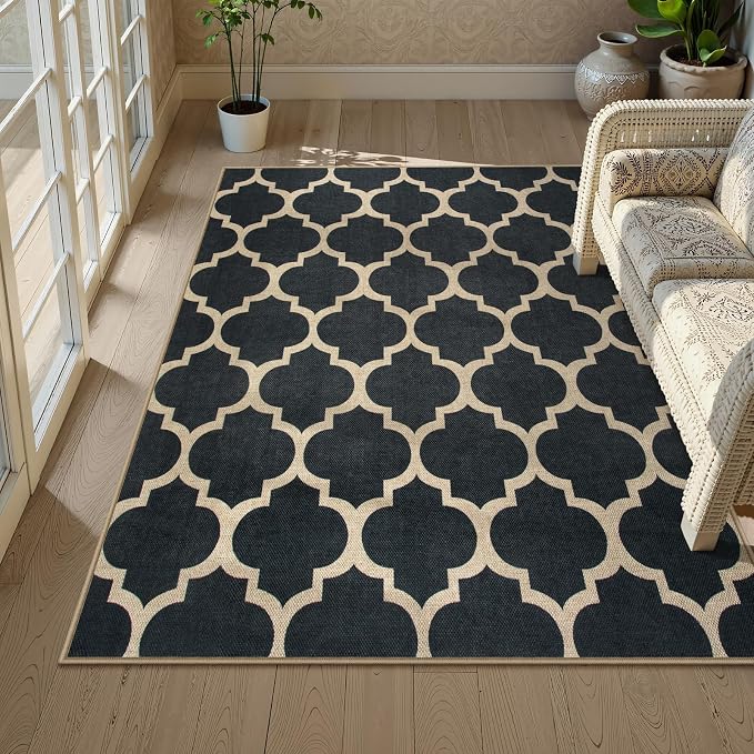 Lahome Moroccan Outdoor Rug 5x7, Easy Jute Black Washable Rugs for Patio Living Room, Geometric Trellis Woven Area Rug Non Slip for Backyard, Thin Non Shedding Farmhouse Carpet for Bedroom