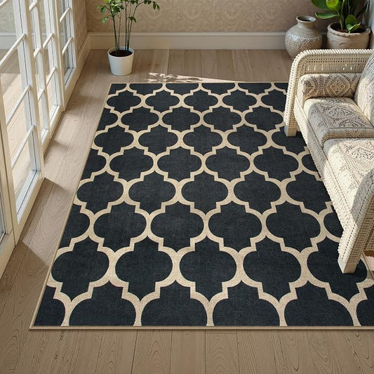 Lahome Moroccan Outdoor Rug 5x7, Easy Jute Black Washable Rugs for Patio Living Room, Geometric Trellis Woven Area Rug Non Slip for Backyard, Thin Non Shedding Farmhouse Carpet for Bedroom