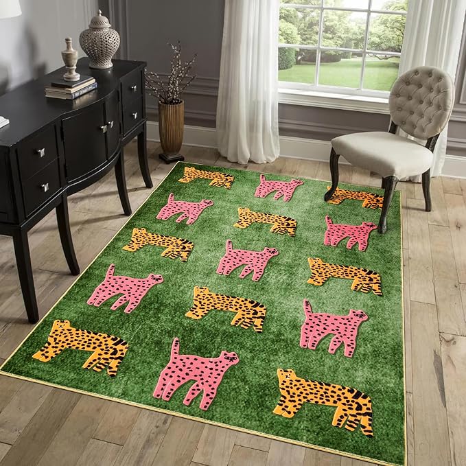 Leopard Washable Rugs, Green Cute Cheetah Tropical Animals Boho Vintage Distressed Hippie 5x7 Area Rugs for Dining Living Room Bedroom Kitchen Nursery, Oriental Aesthetic Tribal Indoor Entryway Carpet