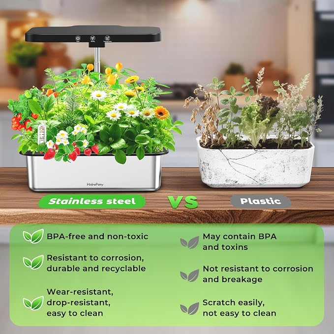 Stainless Steel Hydroponics Growing System kit Indoor Garden: 15 Pods Herb Garden with 24W Full Spectrum Grow Light, Hydroponic Gardening System with Silent Pump, Planting Height Up to 19.7" (Sliver)