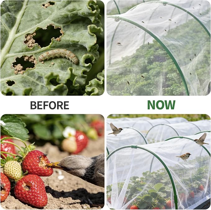 Garden Netting Kit for Raised Bed, 8X20FT Ultra Fine Mesh Netting with 6 Sets Garden Hoops & 18pcs Clips, Reusable Bird Netting for Garden Protection