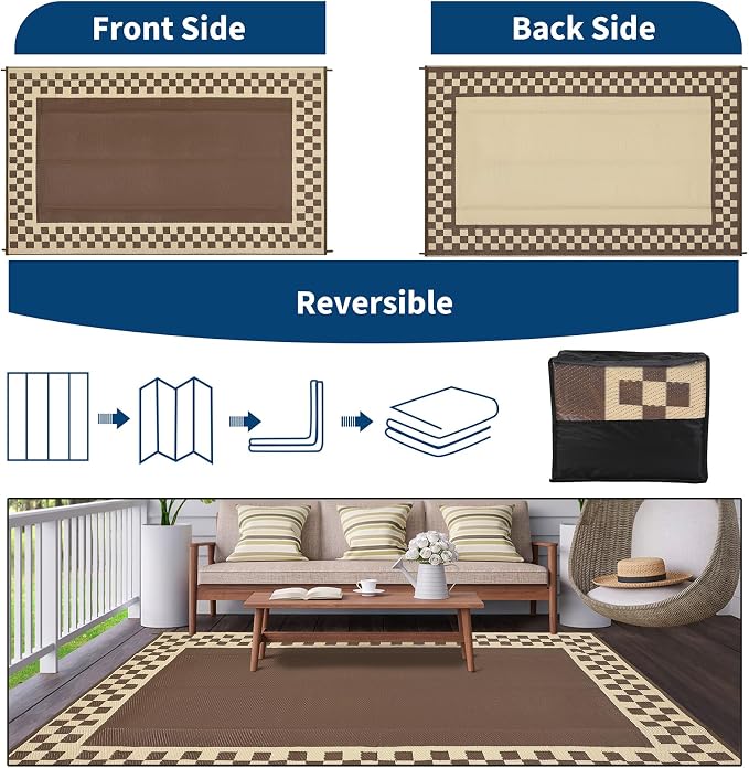 Outdoor Rug 8x10 Waterproof Patio Rugs Modern Geometric Border Reversible Mat for Front Door Rv Foldable Plastic Straw Carpet for Travel Trailers, Deck, Porch, Camper, Balcony, Beach，Brown