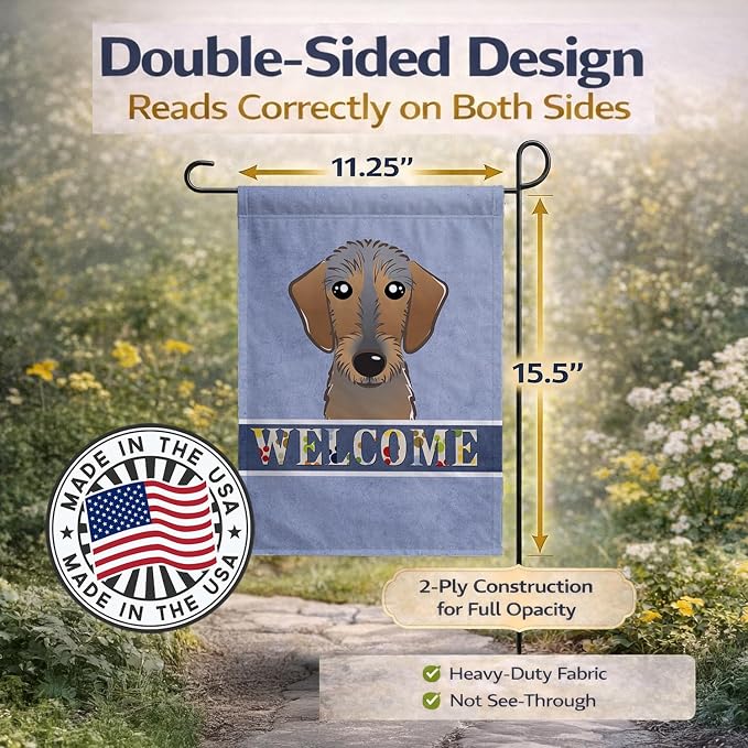 Caroline's Treasures BB1419GF Wirehaired Dachshund Welcome Garden Flag, Blue Mailbox Flag Decorative Yard Flag Banner Outside Patio Artwork Yard Flower Beds, Garden Size, Multicolor
