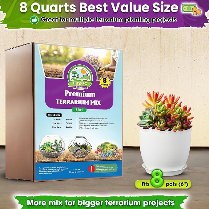 DUSPRO Premium 6in1 Terrarium Soil Mix – Pre-Mixed Terrarium Substrate Mix for Terrariums, Balanced Moisture Growing Medium with Coco Coir, Peat Moss, Pine Bark, Perlite, Pumice & Zeolite 8QRT