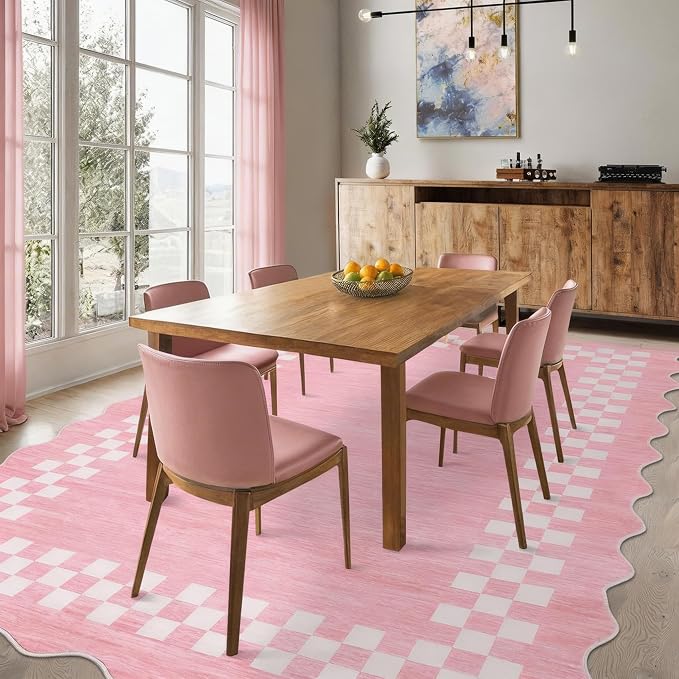 GarveeHome Small Bedroom Area Rug 3x5 Checkered Area Rug for Living Room | Nursery Non Slip Kitchen Throw Carpet Low Pile Modern Bordered Rugs Washable Pink Rugs for Laundry Entryway, Pink
