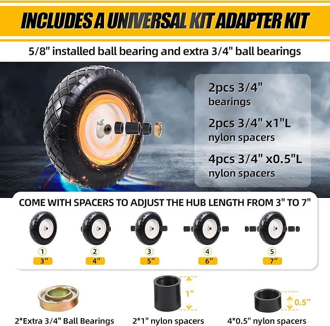 MZREXN 4.80/4.00-8" Flat Free Tire and Wheel, 16" Wheelbarrow Tires | 2 Packs Universal Solid Tires with 5/8" & 3/4" Bearings, 3" Centered Hub for Hand Truck Garden Trailers Utility Cart, White
