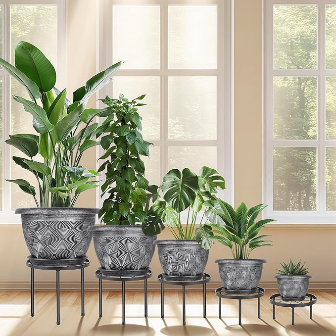 12-Inch -Plastic-Pots -For-Plant With Saucer, 4 Pack Outdoor Planters With Drainage Holes, Decorative Flower Pots For Indoor Plants, Modern 3D Swirl Silver Large Plant Pots With With Removable Tray