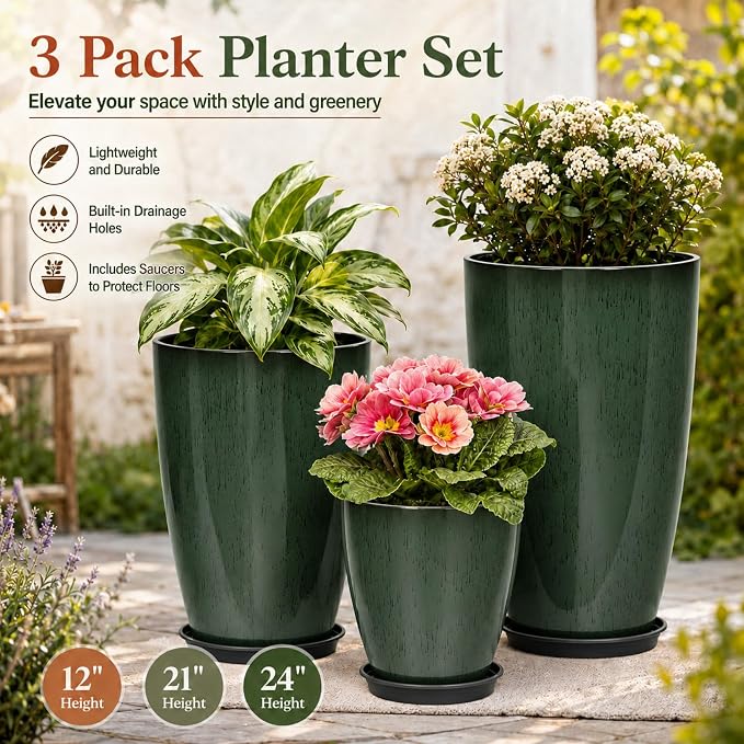 Neoaider Set of 3 Tall Planter, 24/21/12in Large Plastic Planter, DarkGreen | Ceramic-Look, Lightweight, Built-in Drain Hole, Saucers, Tall Outdoor Planter for Porch, Garden, Patio, Balcony