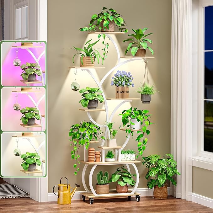 VINGLI Plant Stand Indoor with Growing Lights, 61" Tall Plant Stand with Full Spectrum LED, 10-Tier Tree-Shaped Indoor Plant Shelf, Movable Decorative Plant Rack for Living Room, Balcony & Office, White and Oak