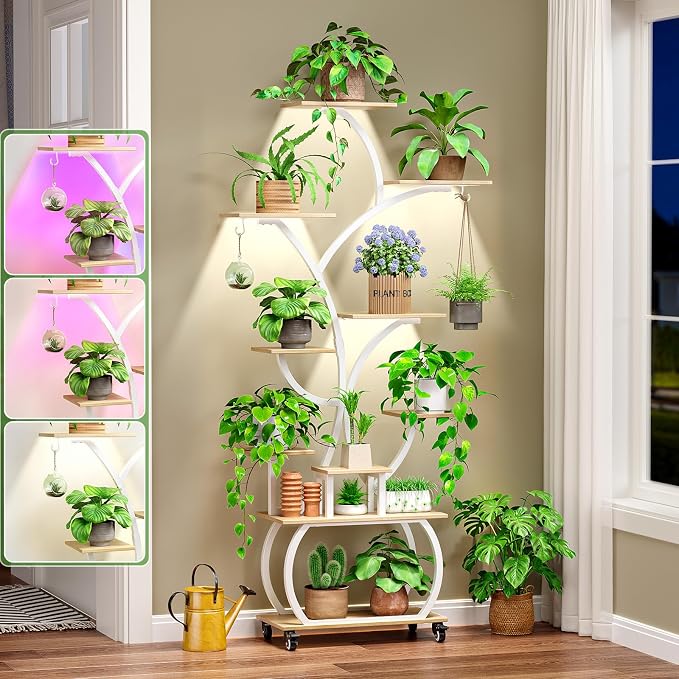 Plant Stand with Grow Lights 2-Pack, 61" Tall Indoor Plant Shelf with Multi-Color Full Spectrum LED Grow Lights and 360° Lockable Wheels, 10-Tier Tree-Shaped Decorative Plant Rack Set of 2, for Living Room, Balcony & Office, White and Oak
