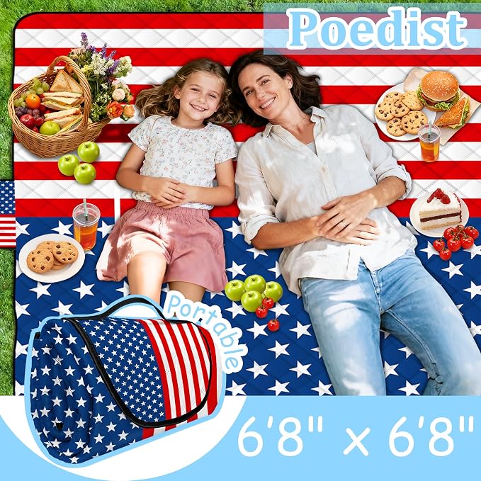 Poedist Extra Large Patriotic Picnic Blanket Waterproof,80"x 80"Foldable Machine Washable Beach Blanket,Outdoor Blanket for 6-8 Adults,Suitable for Indoor Crawling,Park Beach,Camping,Hiking,Travel