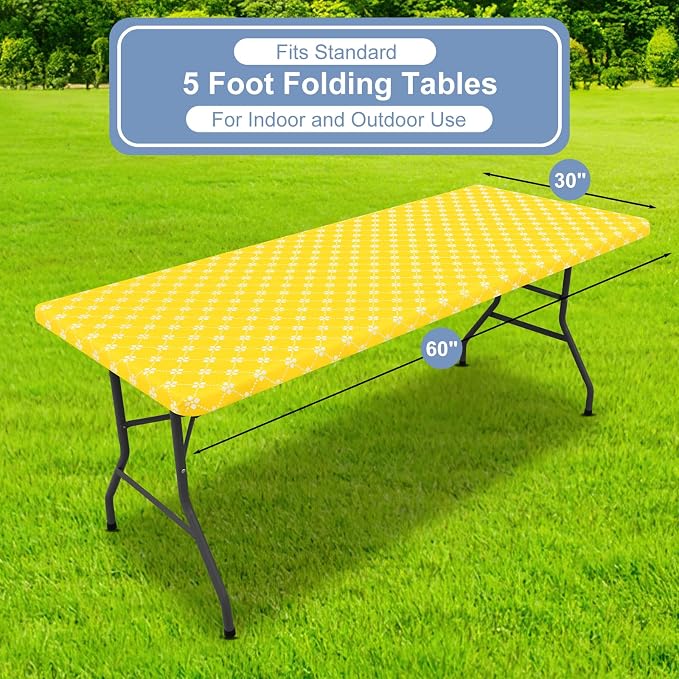 misaya Rectangle Vinyl Table Cloth, Elastic Fitted Tablecloth with Flannel Backing, Waterproof Plastic Table Cover Fits 5 Foot Folding Tables for Picnic, Camping and Outdoor (Yellow, 30" x 60")