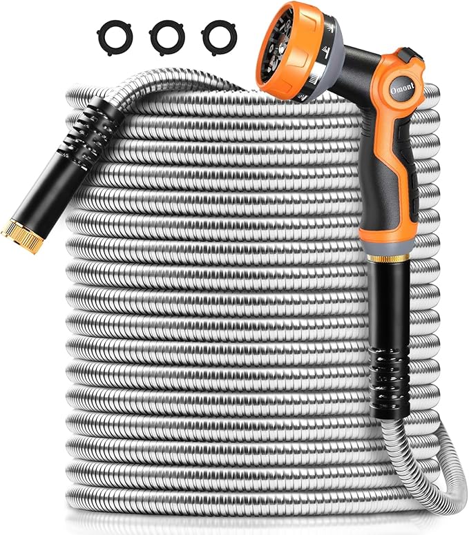 Omont Metal Garden Hose 25FT, Heavy Duty 304 Stainless Steel Water Hoses with Nozzle, Flexible Garden Hose, Lightweight, Rust Proof, No-Kink & Tangle for Yard, Outdoor, RV