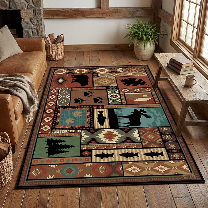 Rustic Cabin Area Rug 5x7 ft Southwestern Lodge Bear Moose Non Slip
