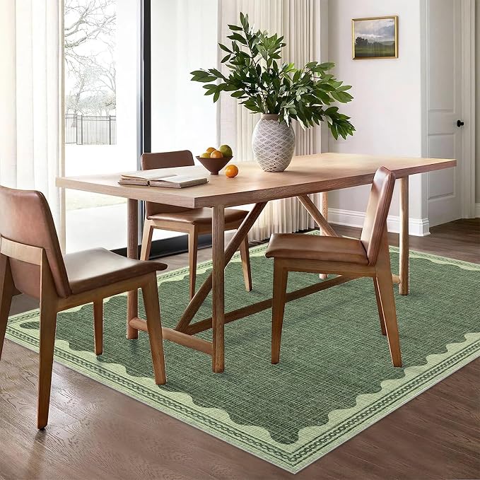 5x7 Scalloped Area Rugs Green Washable Living Room Bedroom Rug | Solid Tan Rug for Bedroom Girls, Non Slip Throw Carpet With Rubber Back, Soft Dorm Nursery Scalloped Rugs for Dining Room