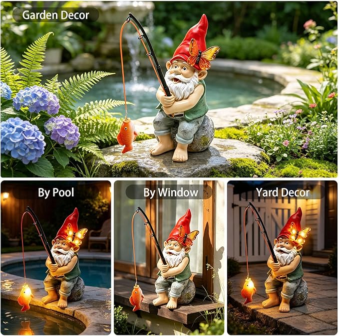 Fishing Gnome Garden Outdoor Statues, Solar Gnome with Butterfly Lights | Waterproof Gnomes Decorations for Yard, Birthday Gifts for Mom Women Christmas, Figurines Decor Patio Porch Lawn Ornaments