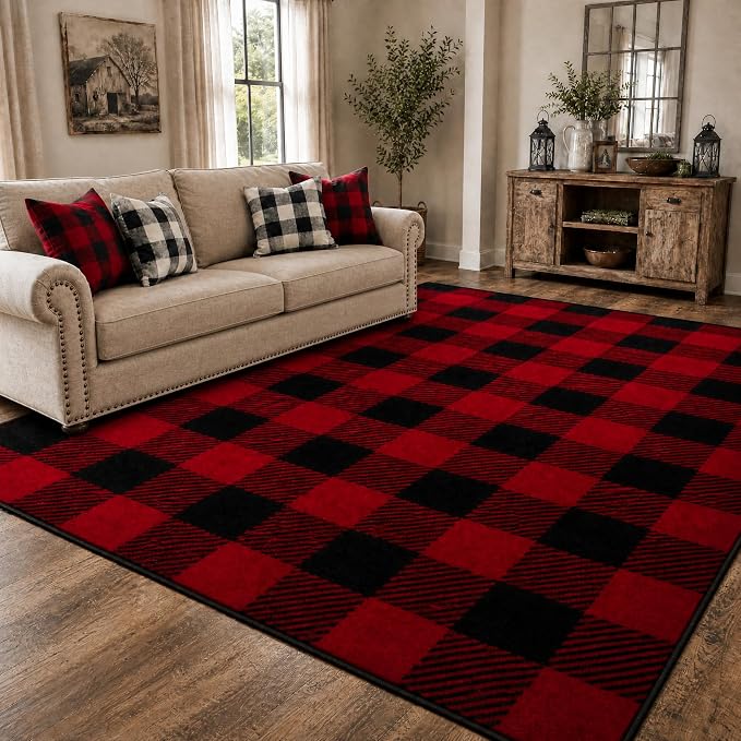 Red Black Buffalo Plaid Rug 6' x 9' Buffalo Check Rugs Carpet Living Room | Christmas Halloween Area Rugs for Bedroom Dining Room, Machine Washable, Non Slip