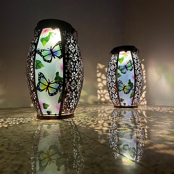 Butterfly Solar Lanterns Glass & Metal Hanging Lantern Outdoor Waterproof 16" H Tabletop Light with Hollowed-Out Design for Garden Patio Table Decor Mother's Day Gift