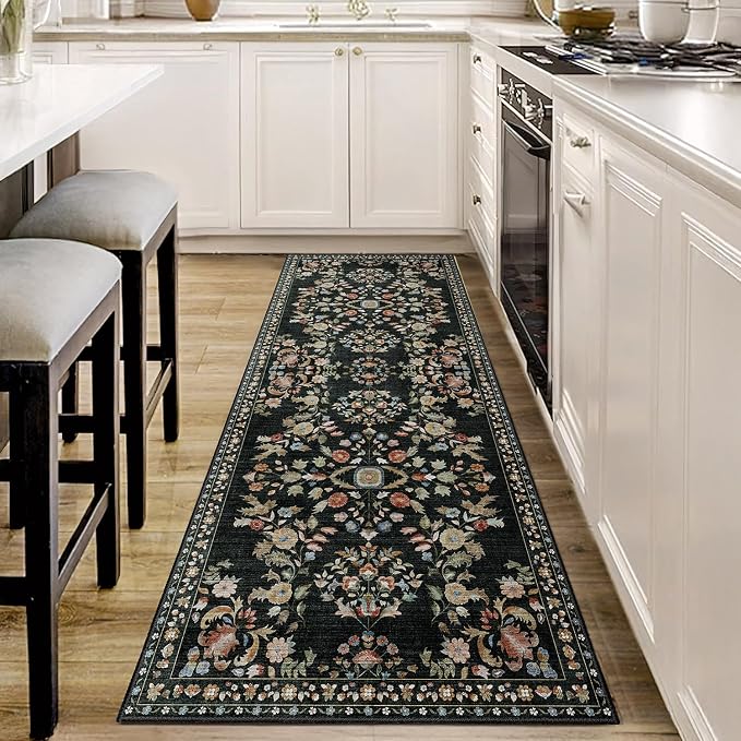 Washable Runner Rug 2x6 Area Rug Non Slip Ultra-Thin Floral | Long Throw Carpet for Hallway Kitchen Bedroom Bedside Laundry Room Floor Indoor Low Pile Botanical Boho Vintage Black