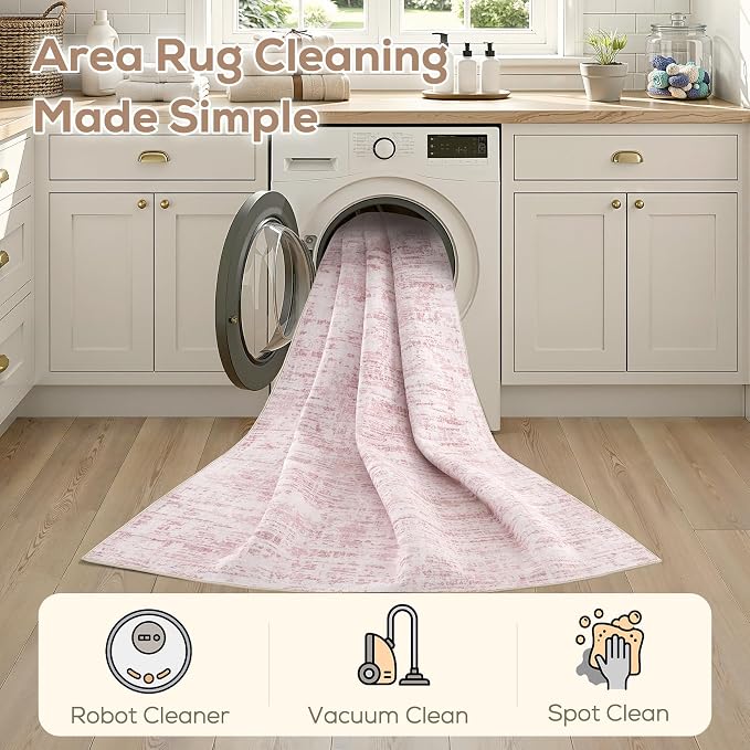Nakagishi 6X9 Abstract Washable Area Rugs for Living Room-Pink | Modern Non-Slip Silicone Backing Low Pile Soft Carpet for Bedroom Dining Decor Ideal for Families with Kids and Pets
