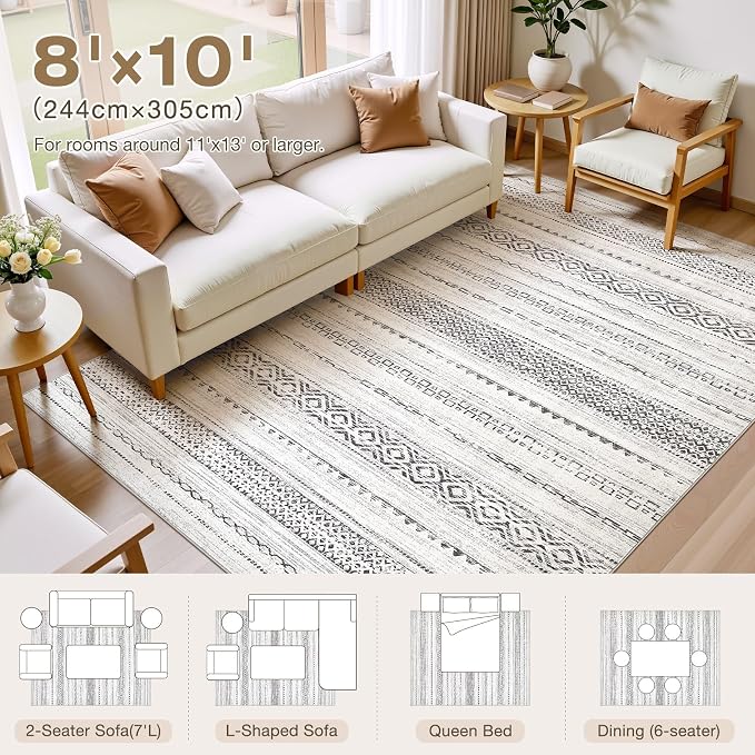 kakania Washable 8x10 Area Rug for Living Room: Boho Geometry Home Decor | Soft Stain Resistant, Low-Pile, Non-Slip, Pet & Kid Friendly, Thin Rug for Bedroom/Dining Room/Kids Dorm - Square Grey