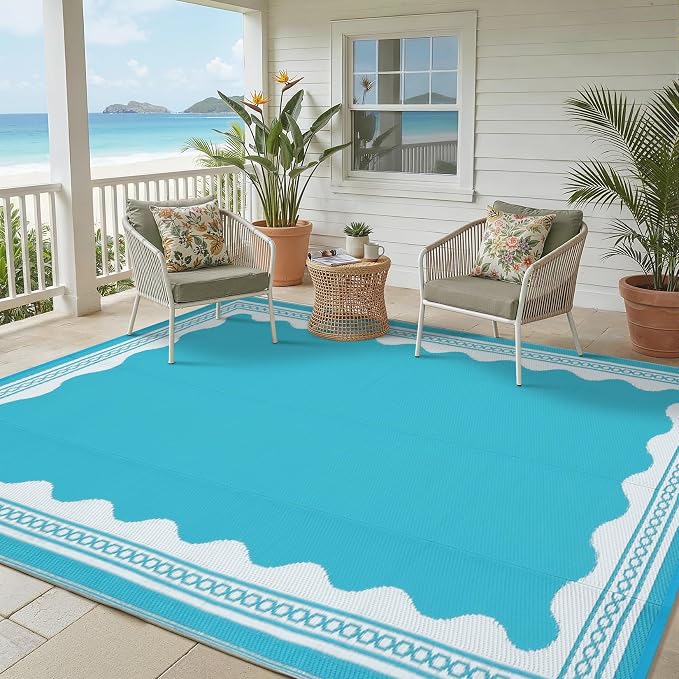 Garvee Outdoor Rug 8x10 Scalloped Waterproof Patio RV Outdoor Rugs Reversible Foldable Plastic Straw Rug Modern Camping Carpet for Deck Camper Porch Balcony Backyard Picnic Beach Light Blue