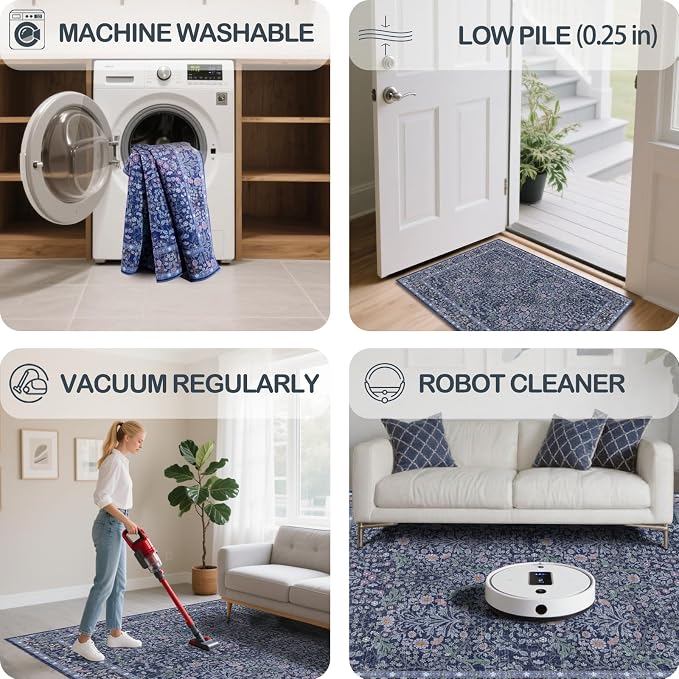 2x3 Area Rug Washable Entry Rug, Vintage Floral Thin Rug for Kitchen, Non-Slip Bathroom Small Rugs, Front Door Throw Rugs Indoor, Boho Entryway Decor (2x3 Blue)