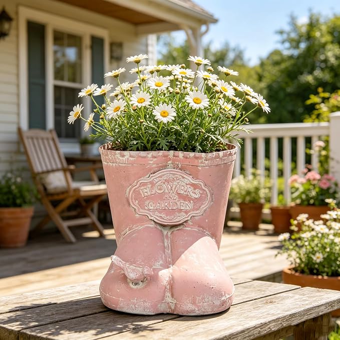 Vintage Distressed Boot Planter, Rustic Flowers & Garden Metal Rain Boot Plant Pot, Farmhouse Succulent Herb Planter for Indoor Outdoor Home Garden Patio Decor (Pink - Small)